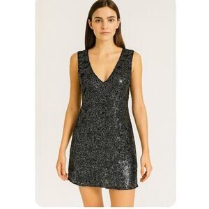 Express Dark silver sequined sleeveless mini dress gun metal V-neck A-line SZ M